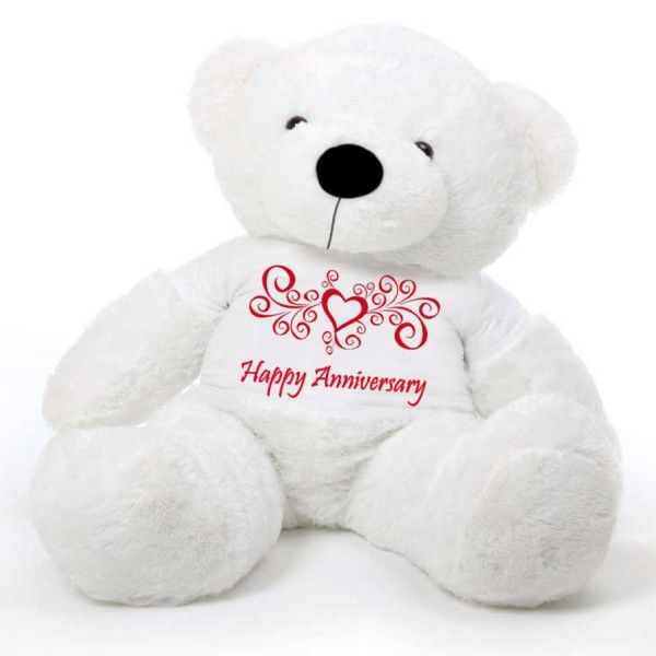 White 5 feet Big Teddy Bear wearing a Happy Anniversary T-shirt